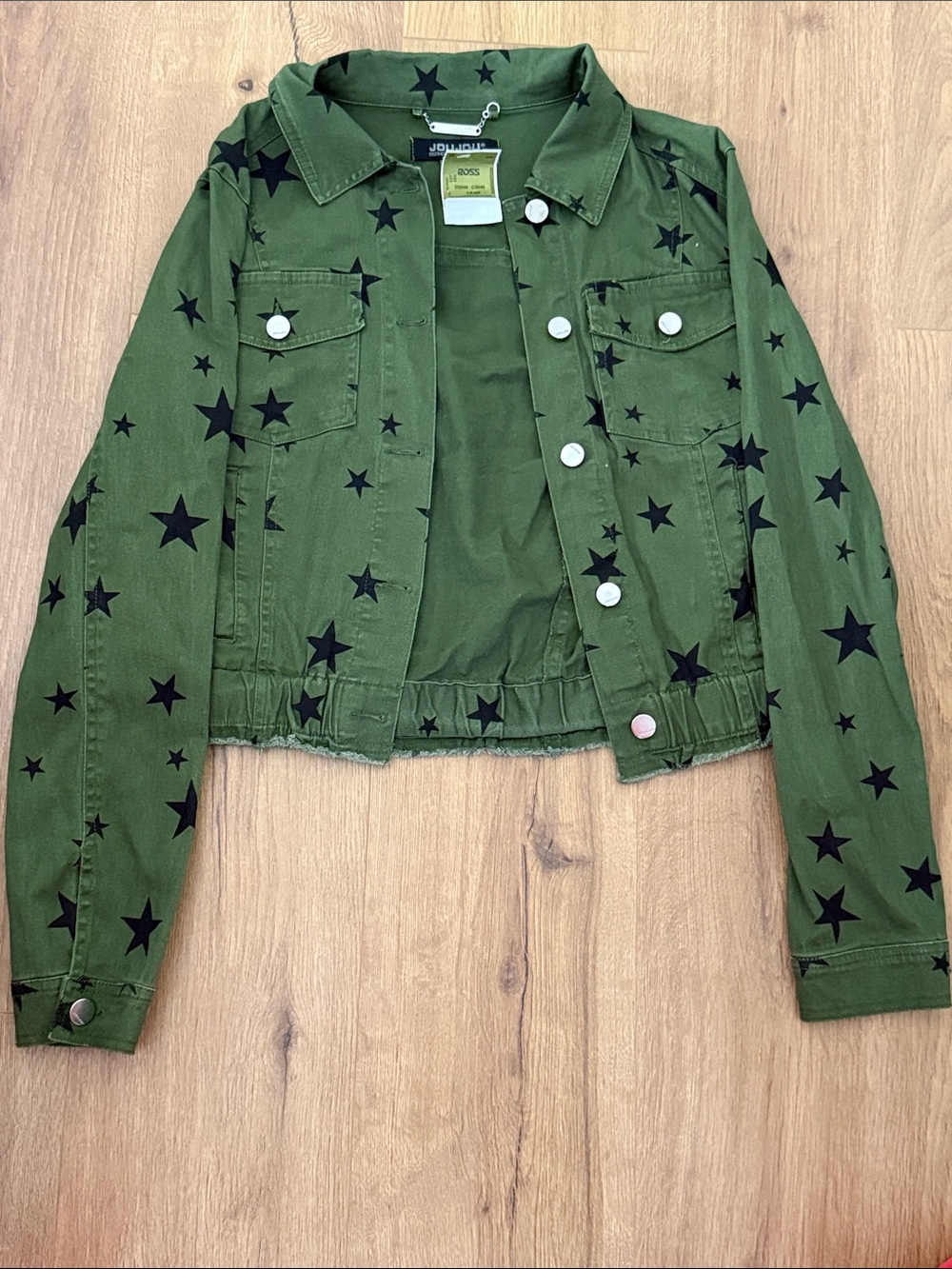 Jou Jou Olive Green Star-Print Cropped Denim Jacket